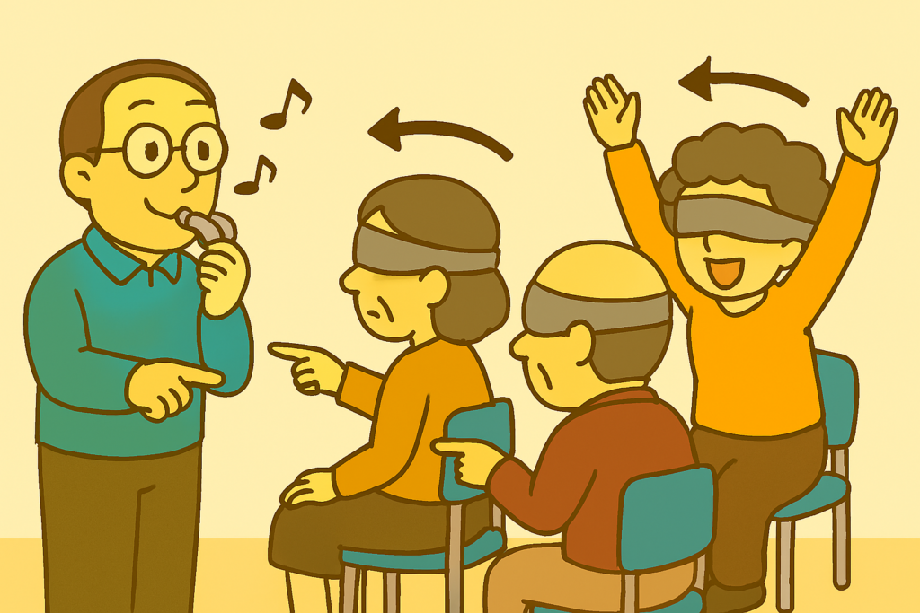 高齢者向け脳トレレクリエーション「笛の合図で方向チェンジゲーム」