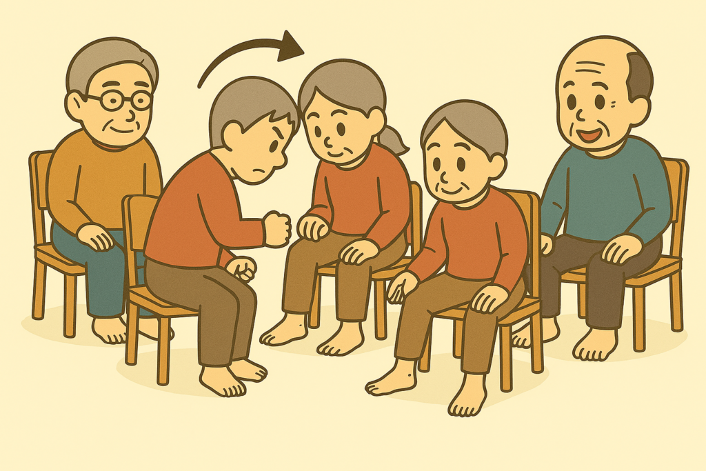 高齢者向けレクリエーション「組対抗 足じゃんけん勝ち抜き戦」|ルールが良くわかる説明イラスト