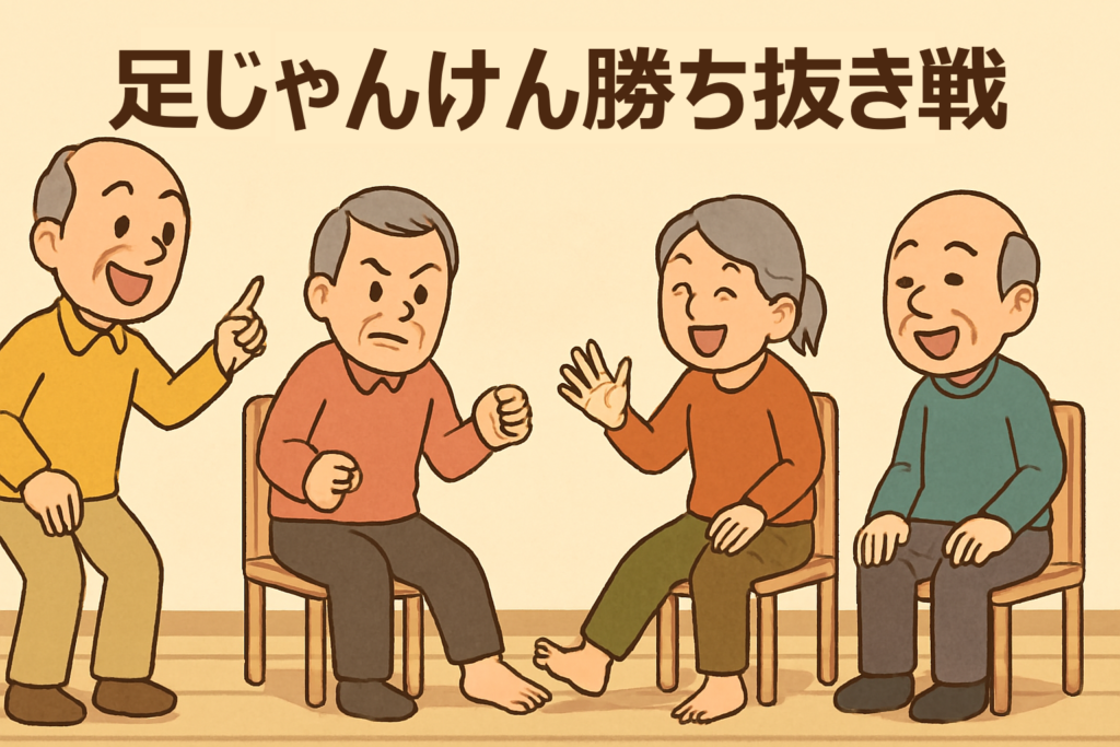 高齢者向けレクリエーション「組対抗 足じゃんけん勝ち抜き戦」｜座ったままできるチーム戦ゲームのやり方